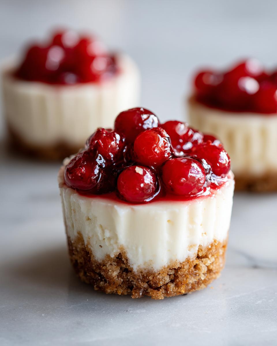 A close-up of one perfect mini cheesecake topped with glossy, bright red cherry filling.