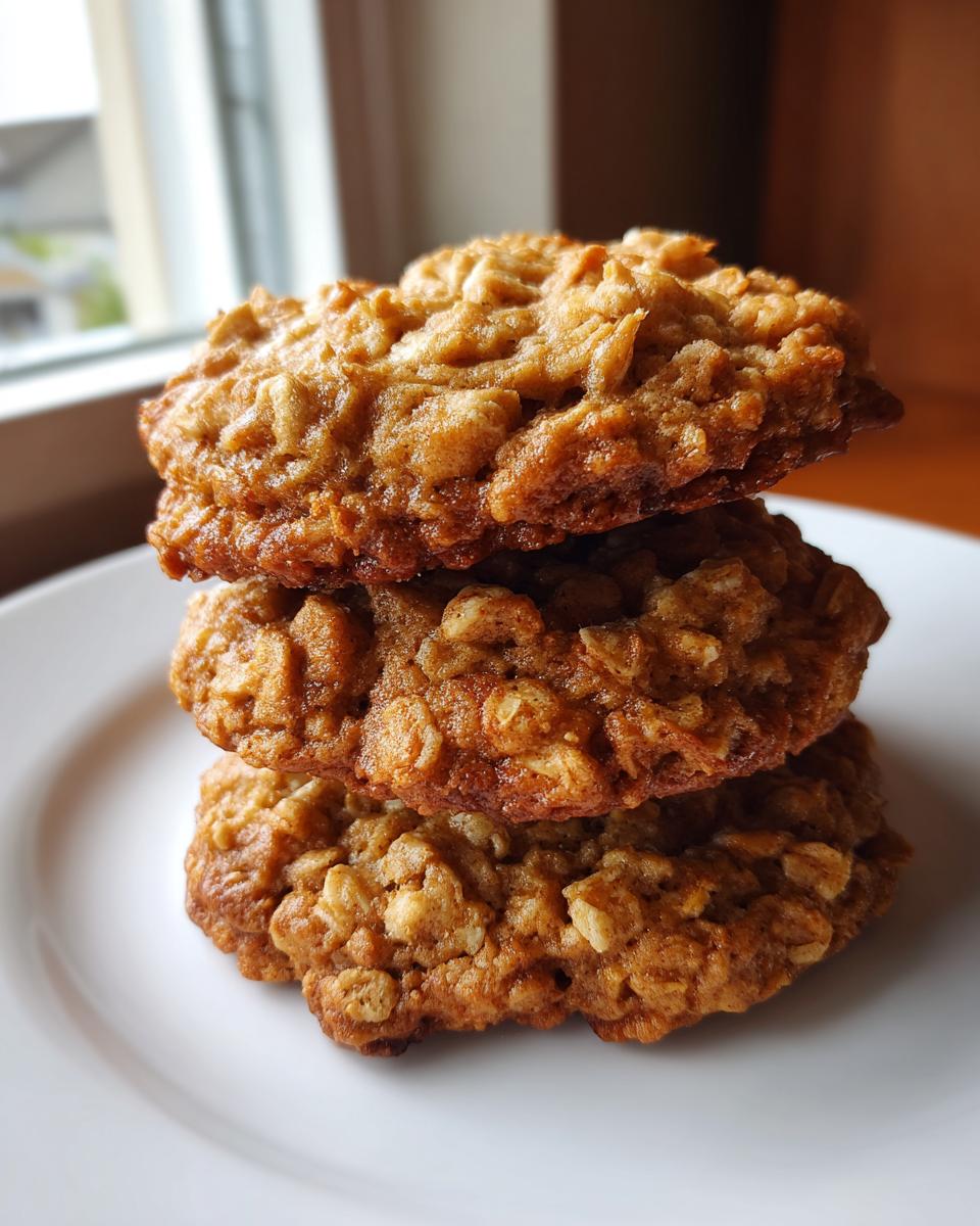 A stack of three golden brown, chewy oatmeal cookies resting on a white plate, highlighted by natural light.