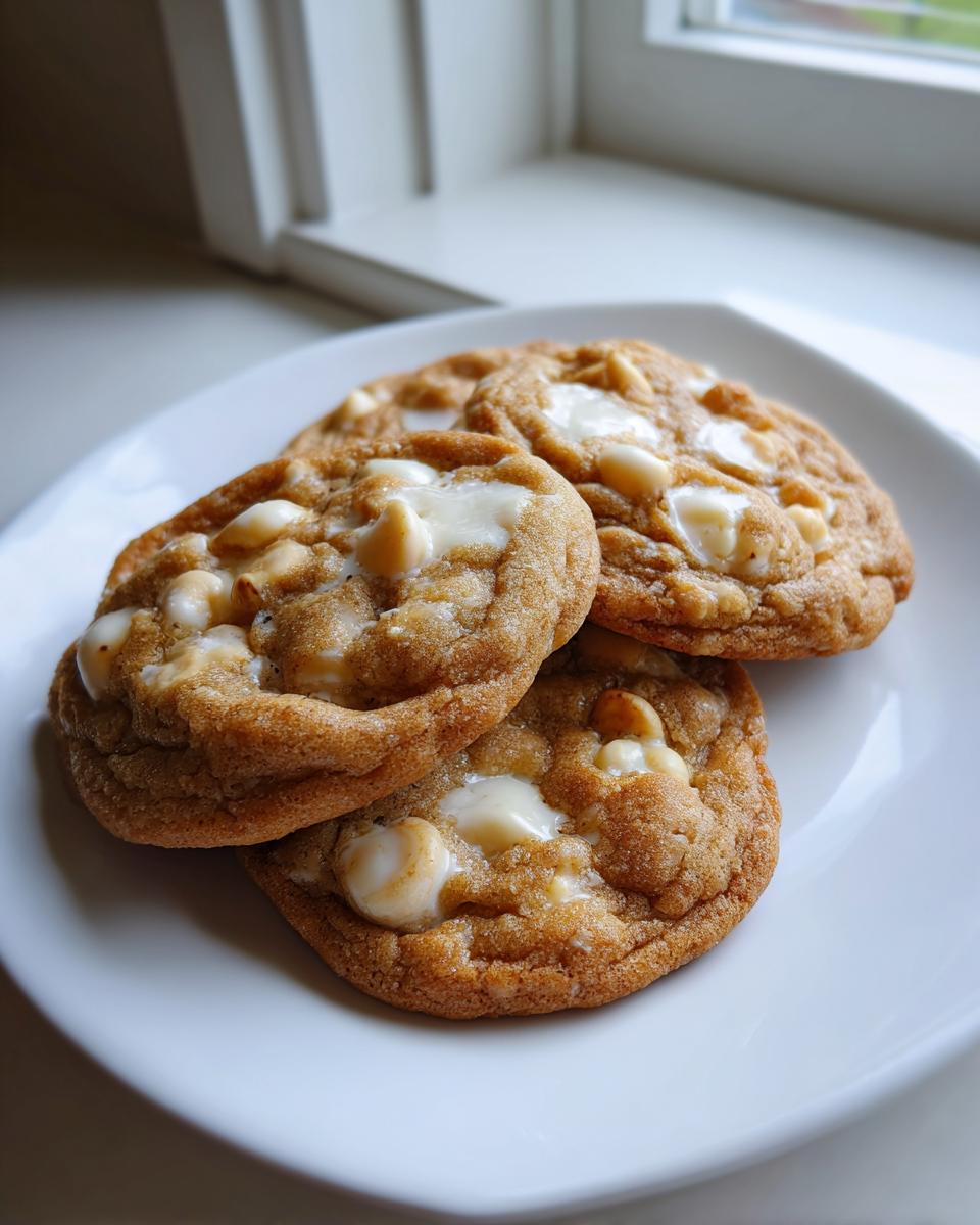 Three freshly baked white chocolate macadamia nut cookies stacked slightly on a white plate near a window.