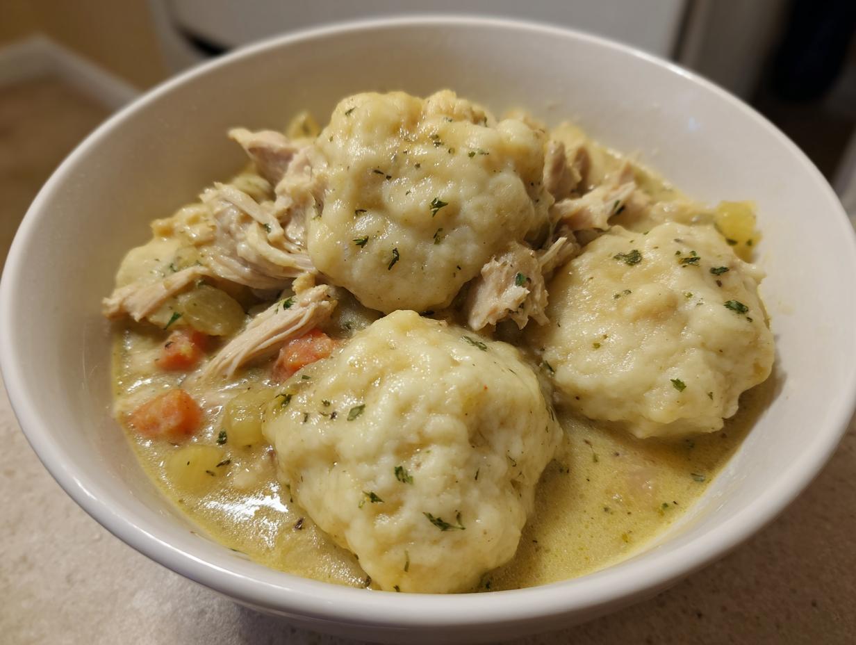 A close-up view of a white bowl filled with creamy chicken and dumpling stew, featuring large dumplings and shredded chicken.