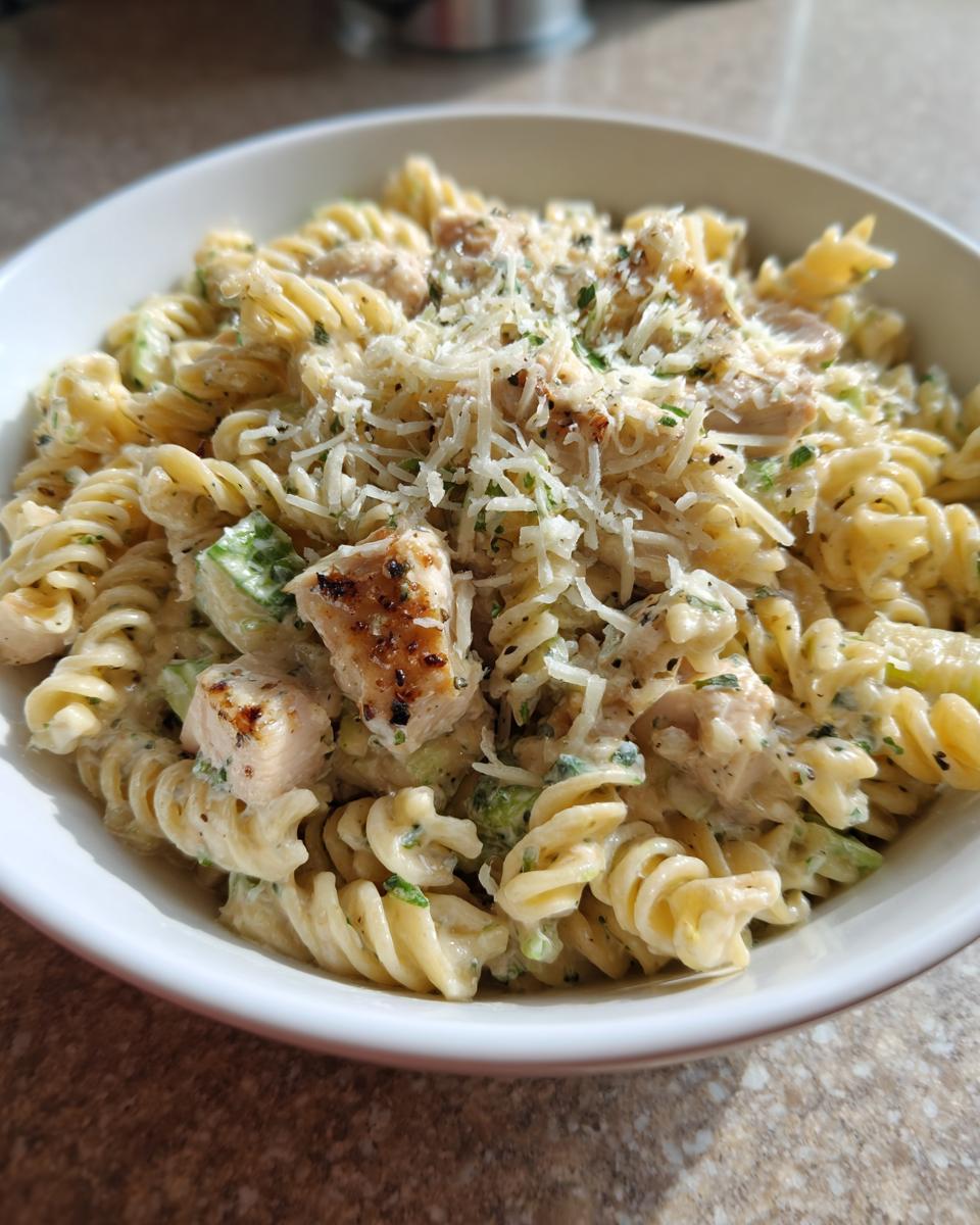 A close-up of a white bowl filled with creamy chicken caesar pasta salad, topped with shredded parmesan cheese.
