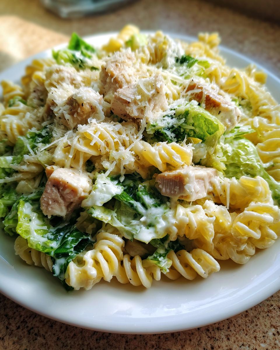 Close-up of a white plate filled with creamy chicken caesar pasta salad featuring rotini pasta, chopped chicken, romaine lettuce, and grated Parmesan cheese.