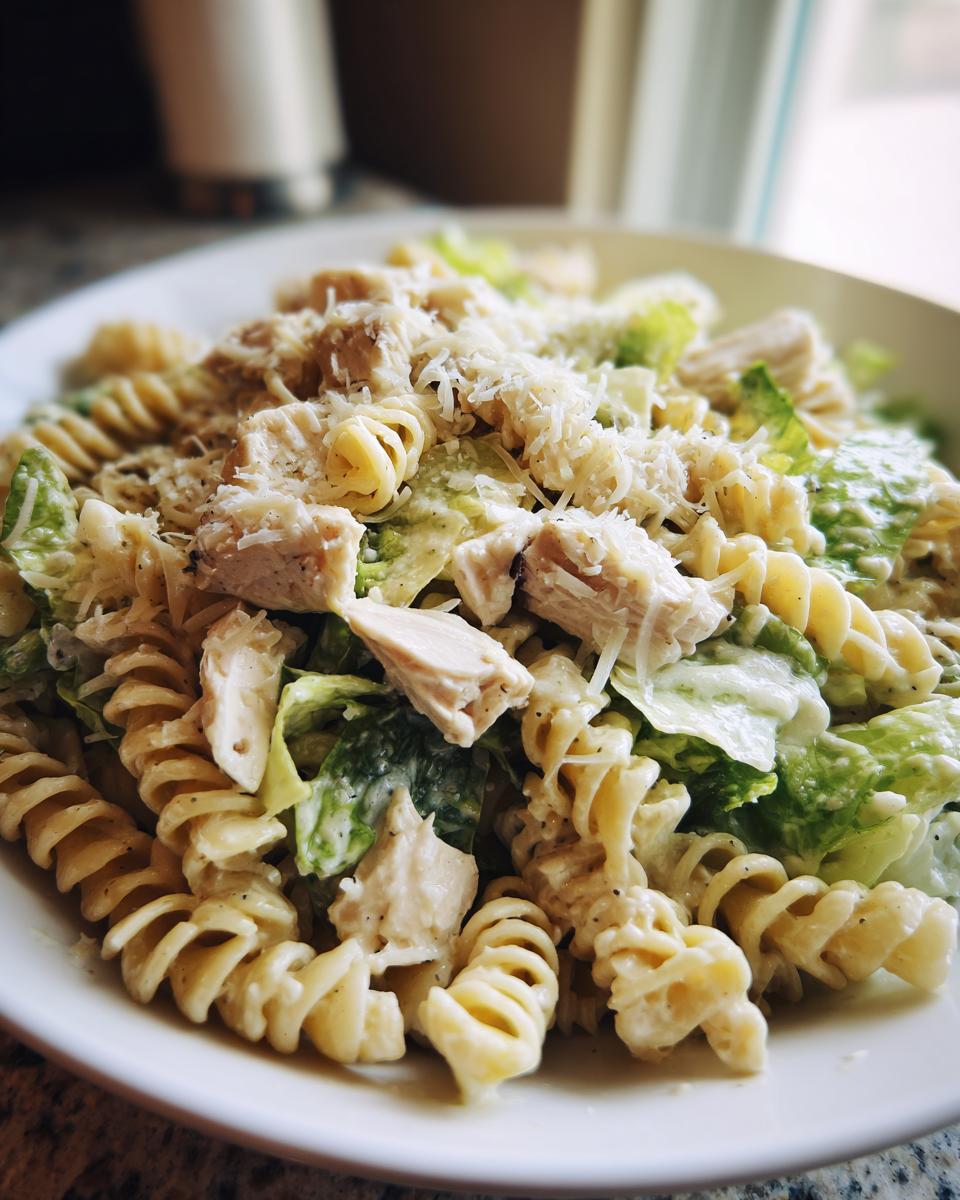 A close-up of a bowl of creamy chicken caesar pasta salad featuring rotini pasta, chopped chicken, and shredded Parmesan cheese.