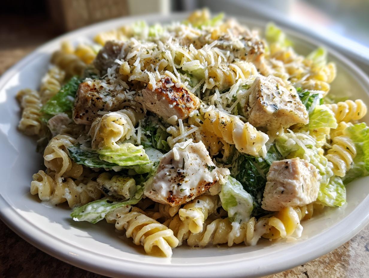 A close-up, bright photo of a serving of chicken Caesar pasta salad with fusilli pasta, grilled chicken chunks, and romaine lettuce.