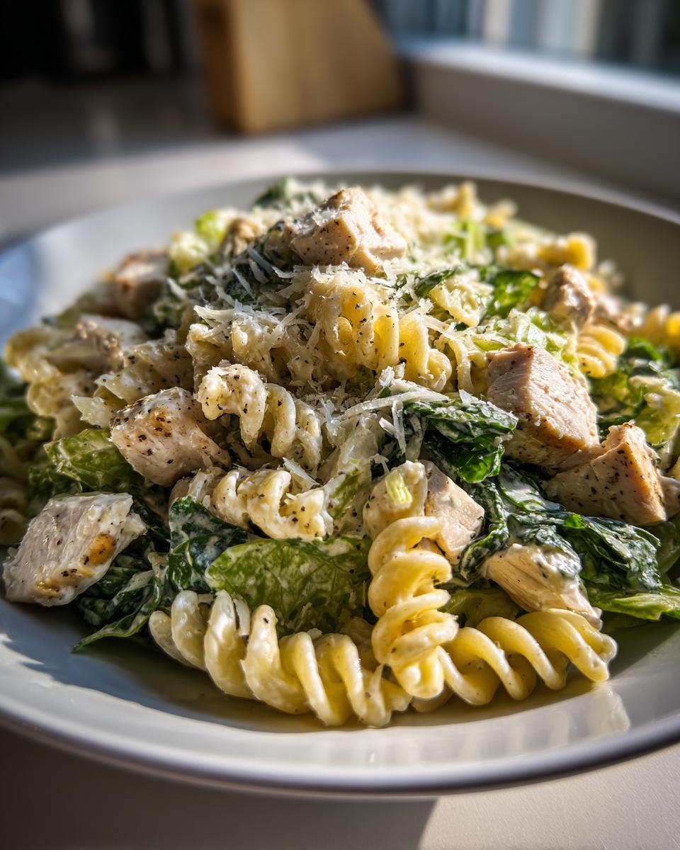 A close-up of a creamy chicken caesar pasta salad featuring rotini pasta, chopped chicken, and romaine lettuce, topped with grated Parmesan.