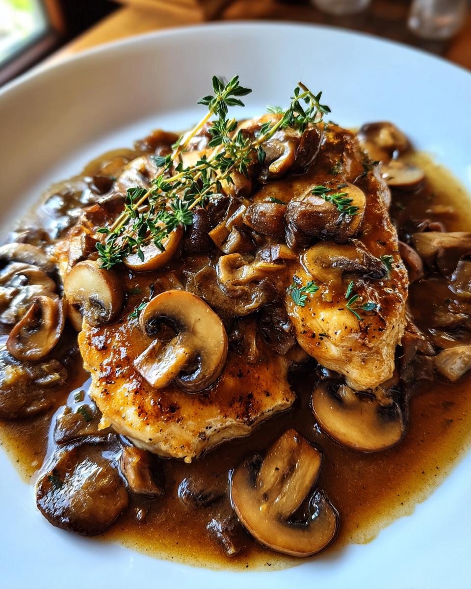 A perfectly cooked piece of chicken marsala smothered in rich brown mushroom sauce and garnished with fresh thyme.