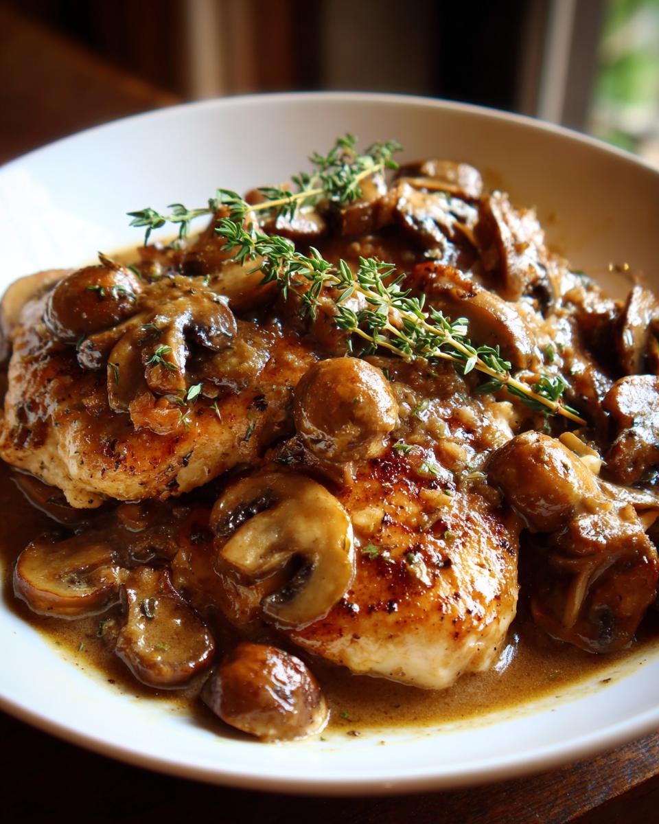 Close-up of pan-seared chicken marsala breasts covered in rich mushroom sauce and garnished with fresh thyme.