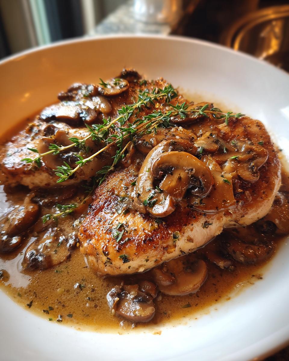 Two pan-seared chicken breasts smothered in rich mushroom sauce, garnished with fresh thyme for a perfect chicken marsala.