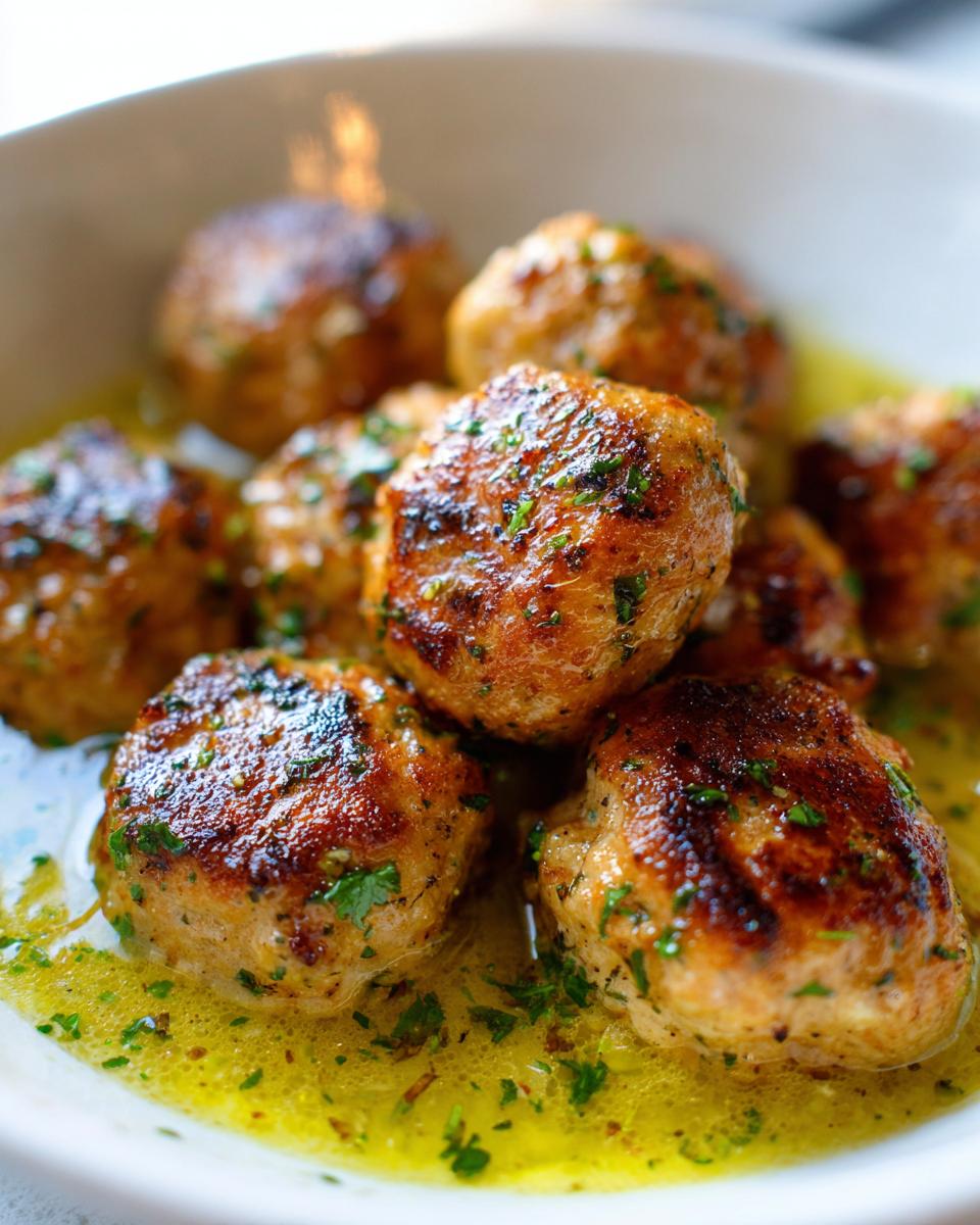 Close-up of several golden-brown chicken piccata meatballs simmering in a bright, lemony butter sauce garnished with parsley.