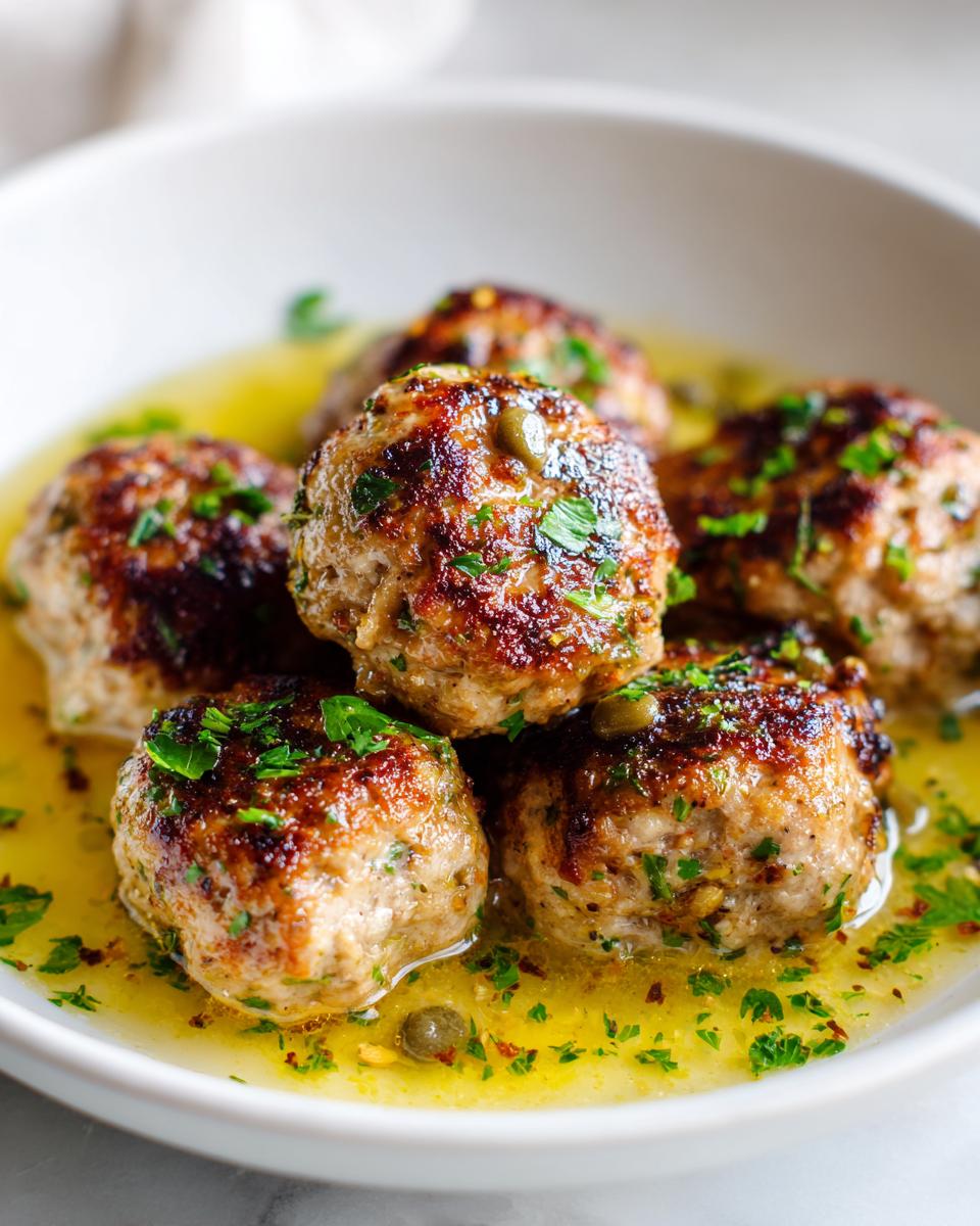 Close-up of browned chicken piccata meatballs served in a bright lemon-butter sauce with capers and fresh parsley.