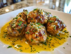 Close-up of five golden brown chicken piccata meatballs swimming in a bright lemon-butter sauce, garnished with capers and fresh parsley.