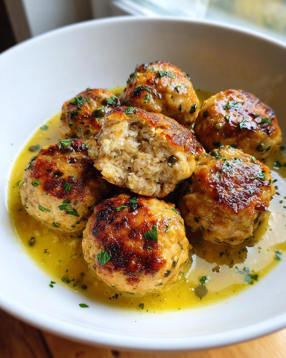 Close-up of several golden-brown chicken piccata meatballs served in a bright lemon caper sauce, garnished with parsley.