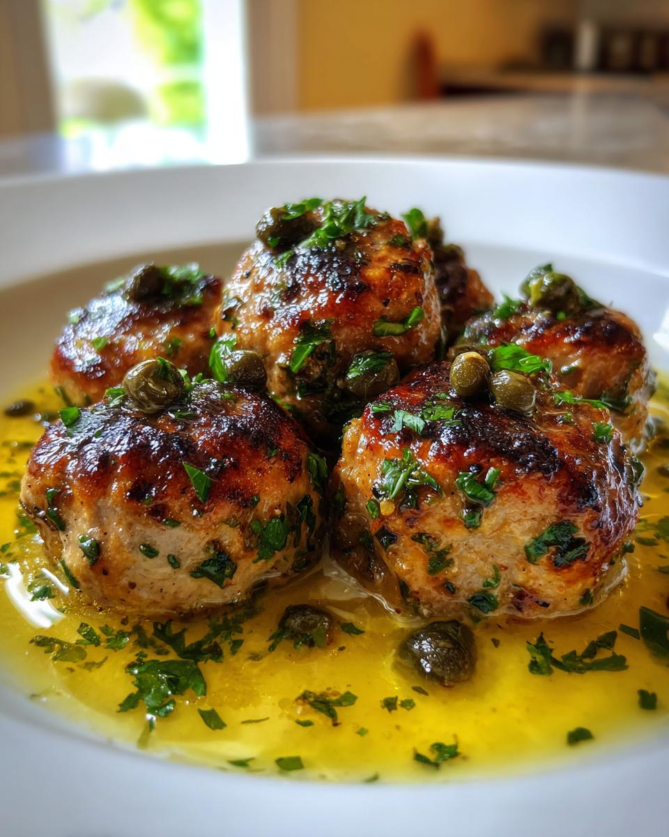 Close-up of golden-brown chicken piccata meatballs served in a bright lemon-butter sauce with capers and fresh parsley.