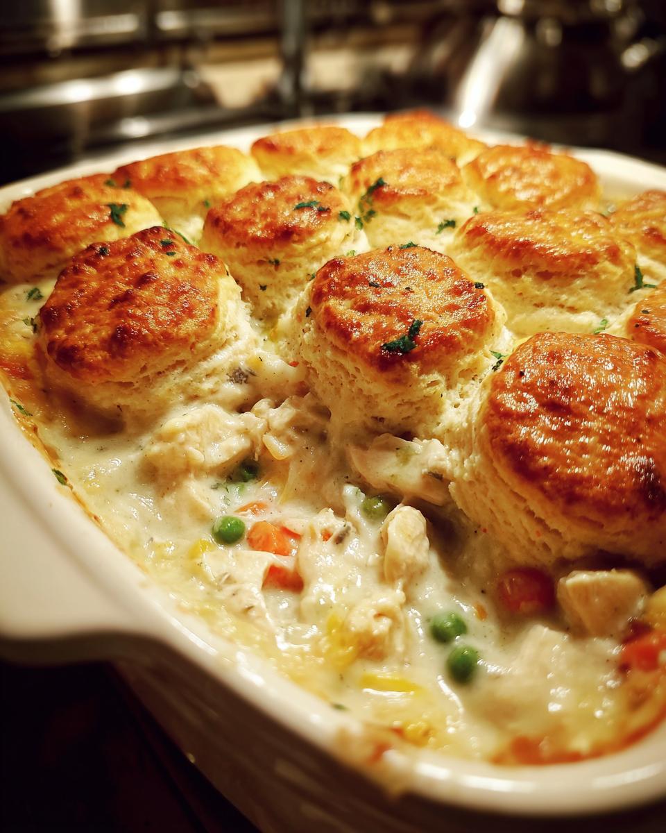 Close-up of a baked chicken pot pie casserole topped with golden brown biscuits nestled in creamy chicken and vegetable filling.