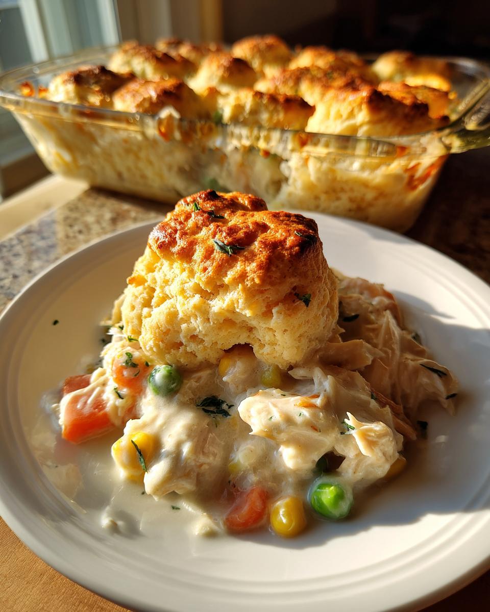 A single serving of creamy chicken pot pie casserole topped with a golden biscuit on a white plate.