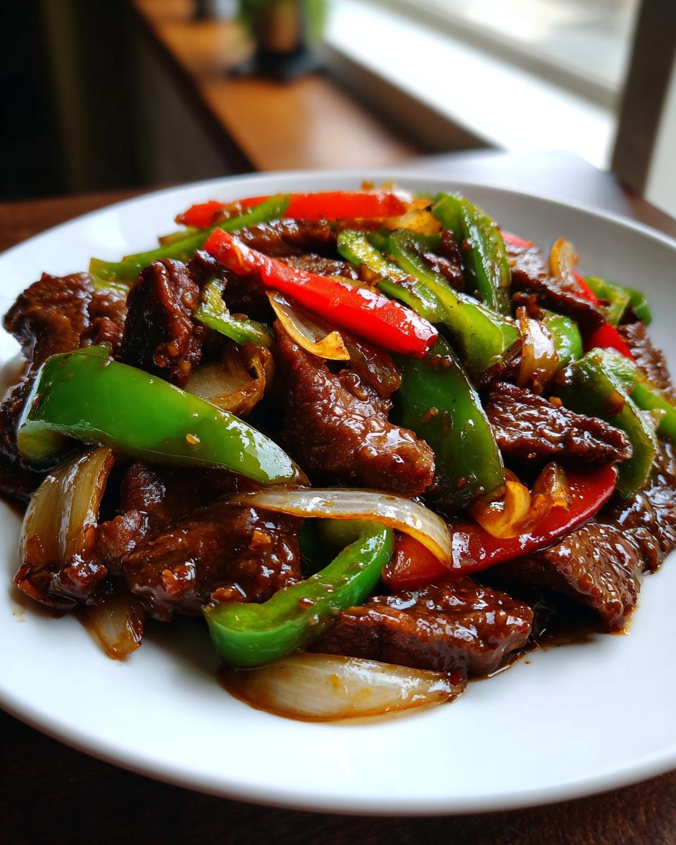 A close-up of glossy Chinese pepper steak featuring tender beef strips mixed with vibrant green and red bell peppers and onions.