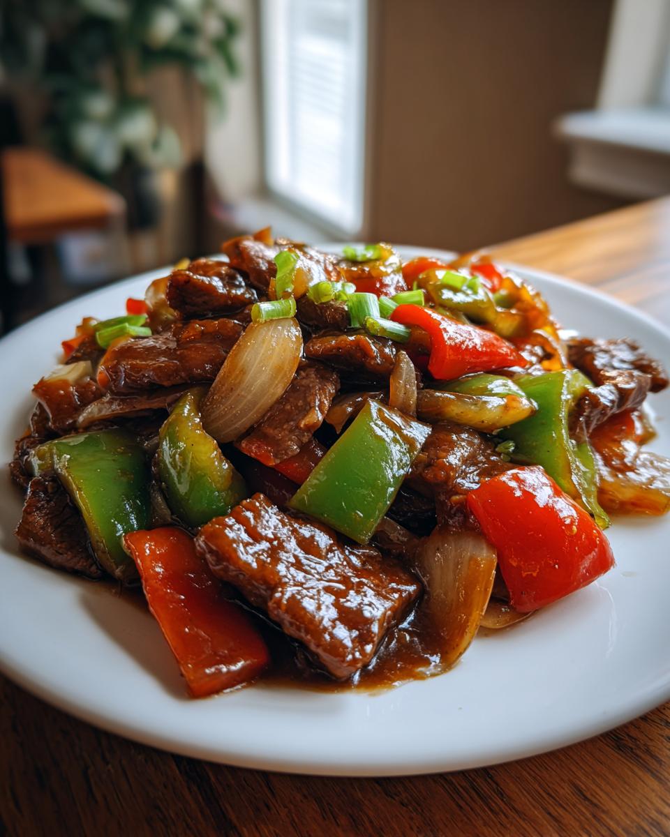 A close-up serving of glossy Chinese pepper steak featuring tender beef, red and green bell peppers, and onions.