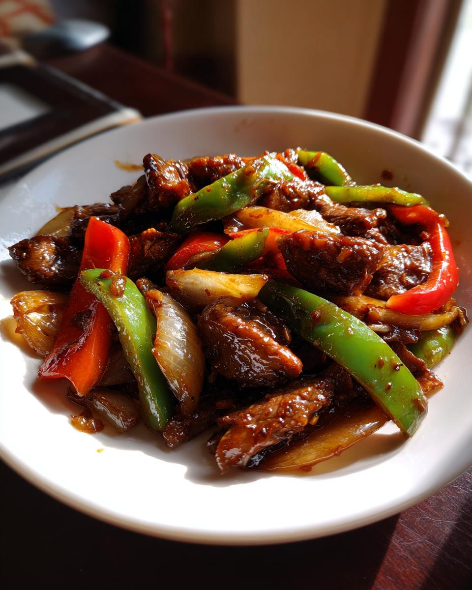 A close-up photo of glossy Chinese pepper steak stir-fry with beef, green peppers, red peppers, and onions in a white bowl.