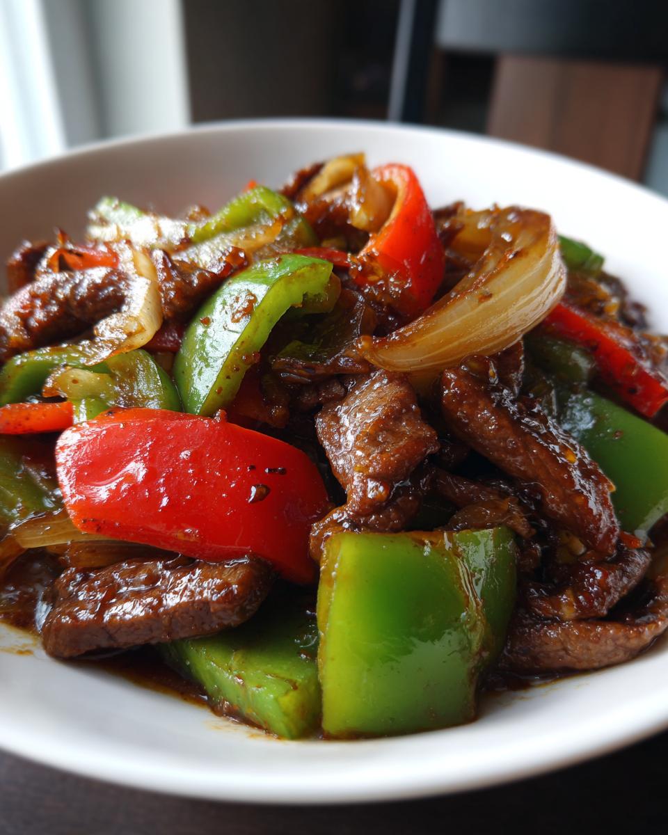 Close-up of glossy, saucy Chinese pepper steak mixed with bright red and green bell peppers and onions in a white bowl.