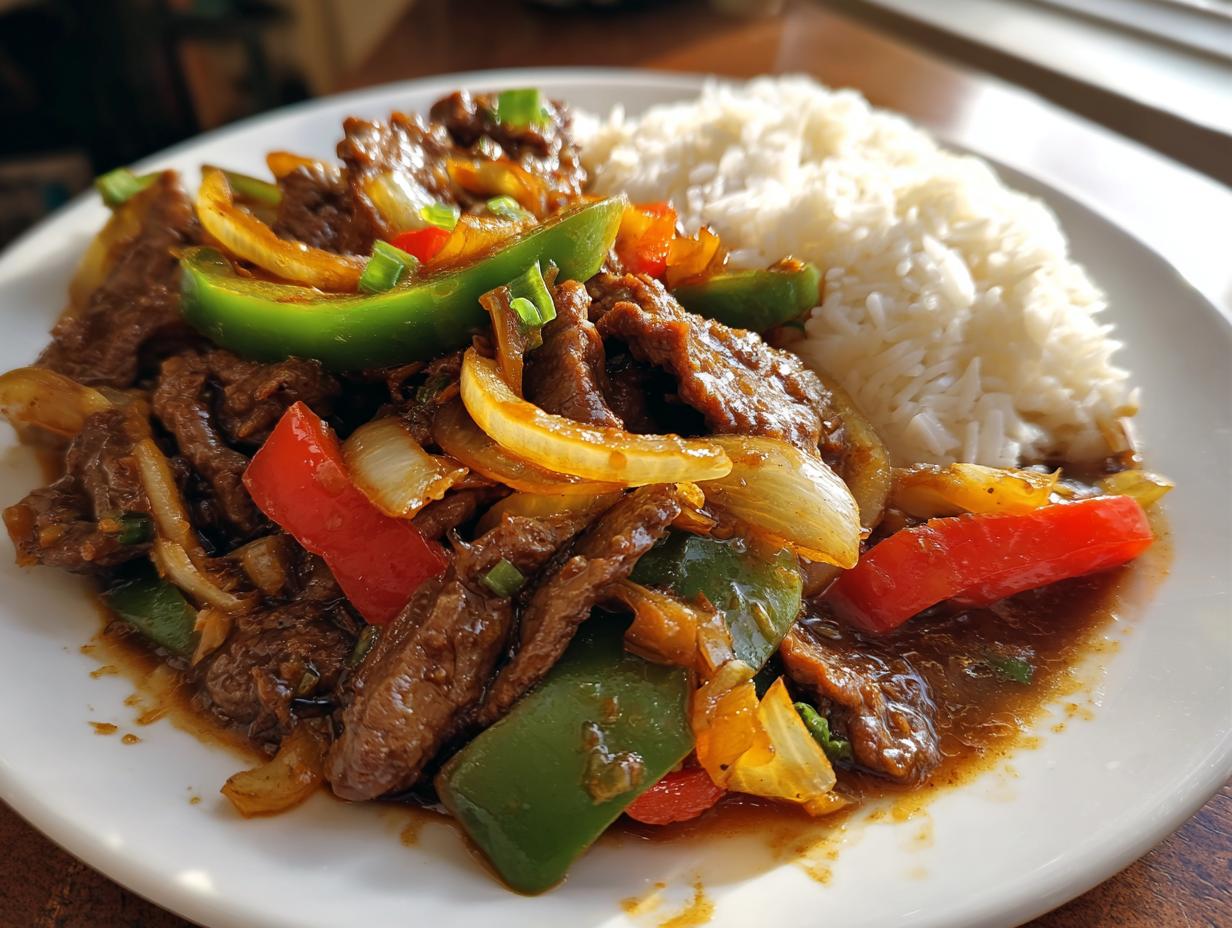 A close-up of a plate featuring Chinese pepper steak stir-fry with beef, green and red peppers, and onions, served next to white rice.