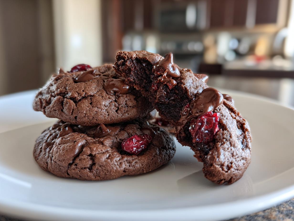 Close-up of fudgy chocolate cherry cookies stacked on a white plate, one cookie is broken open revealing the gooey interior.