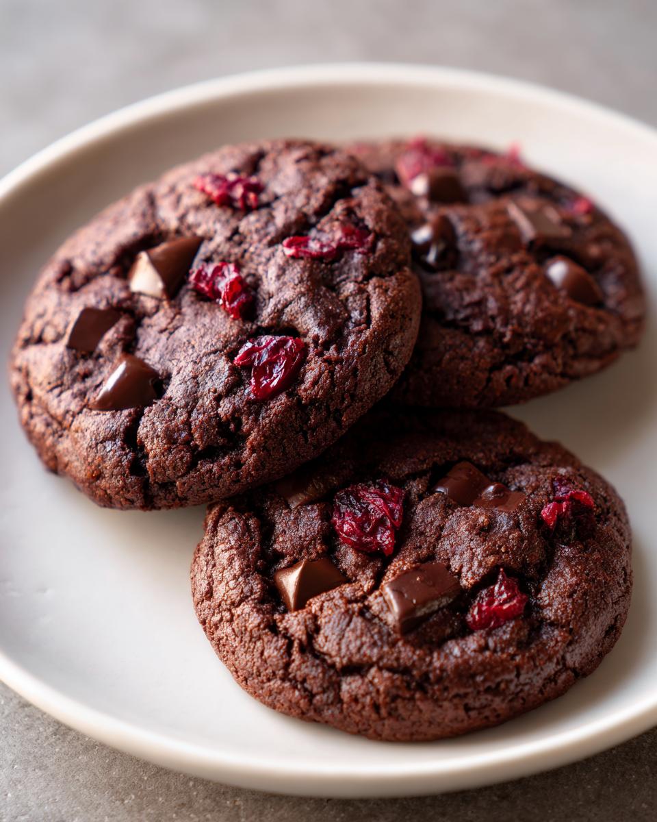 Close-up of three rich, dark chocolate cherry cookies studded with chocolate chunks and dried cherries on a white plate.
