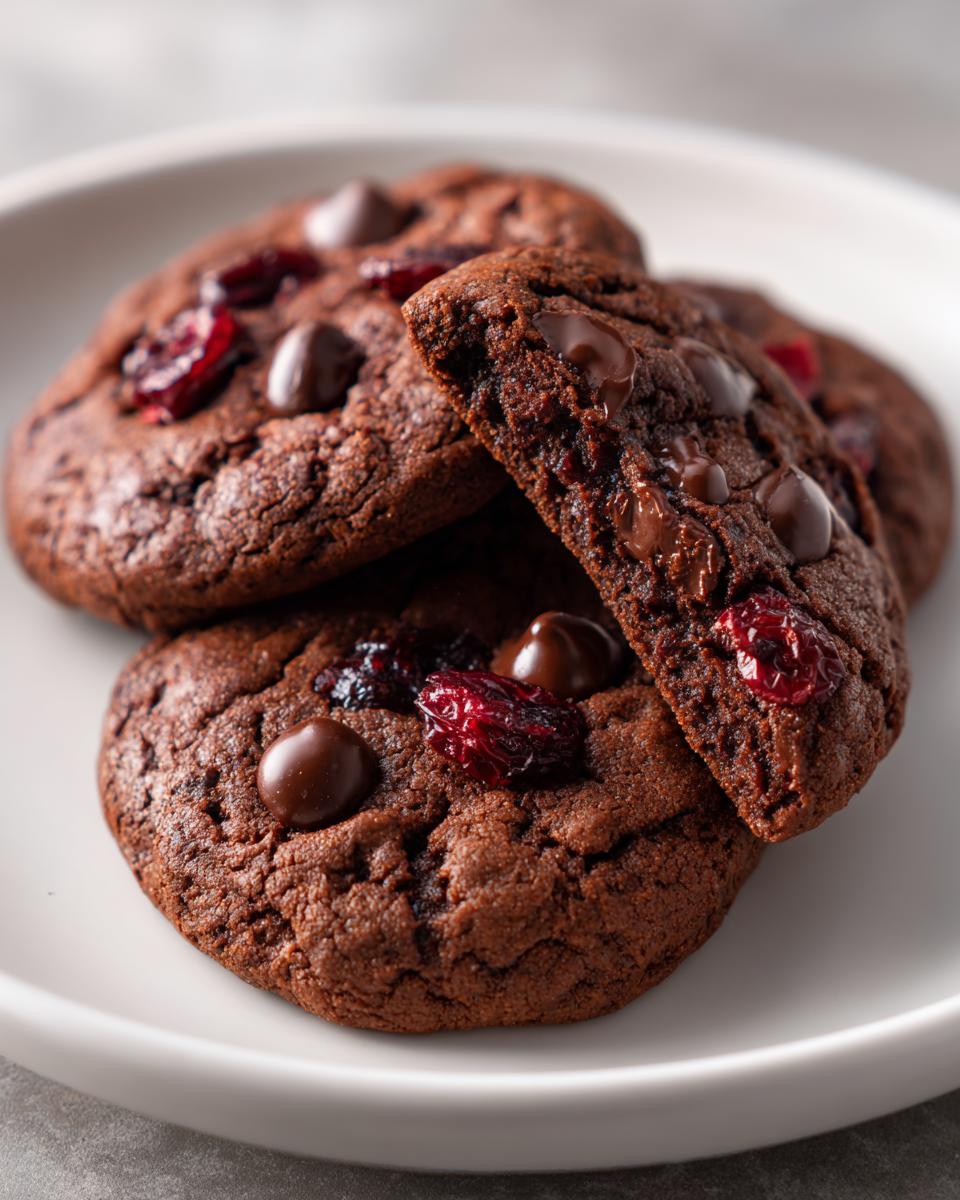A stack of rich, dark chocolate cherry cookies with visible chocolate chips and dried cherries, one broken open to show the soft interior.