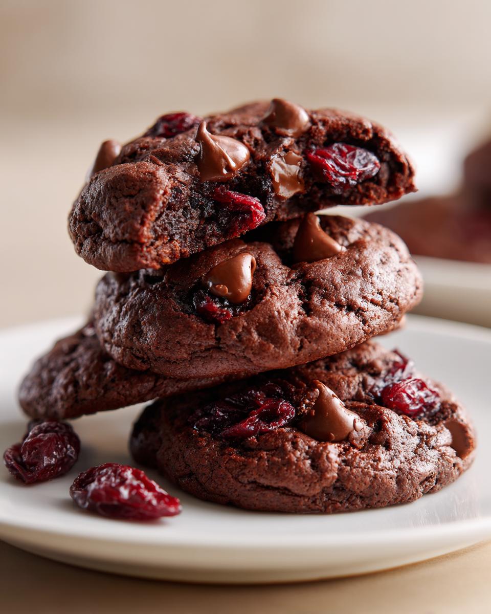 A stack of three rich, dark chocolate cherry cookies, featuring visible dried cherries and melted chocolate chips.