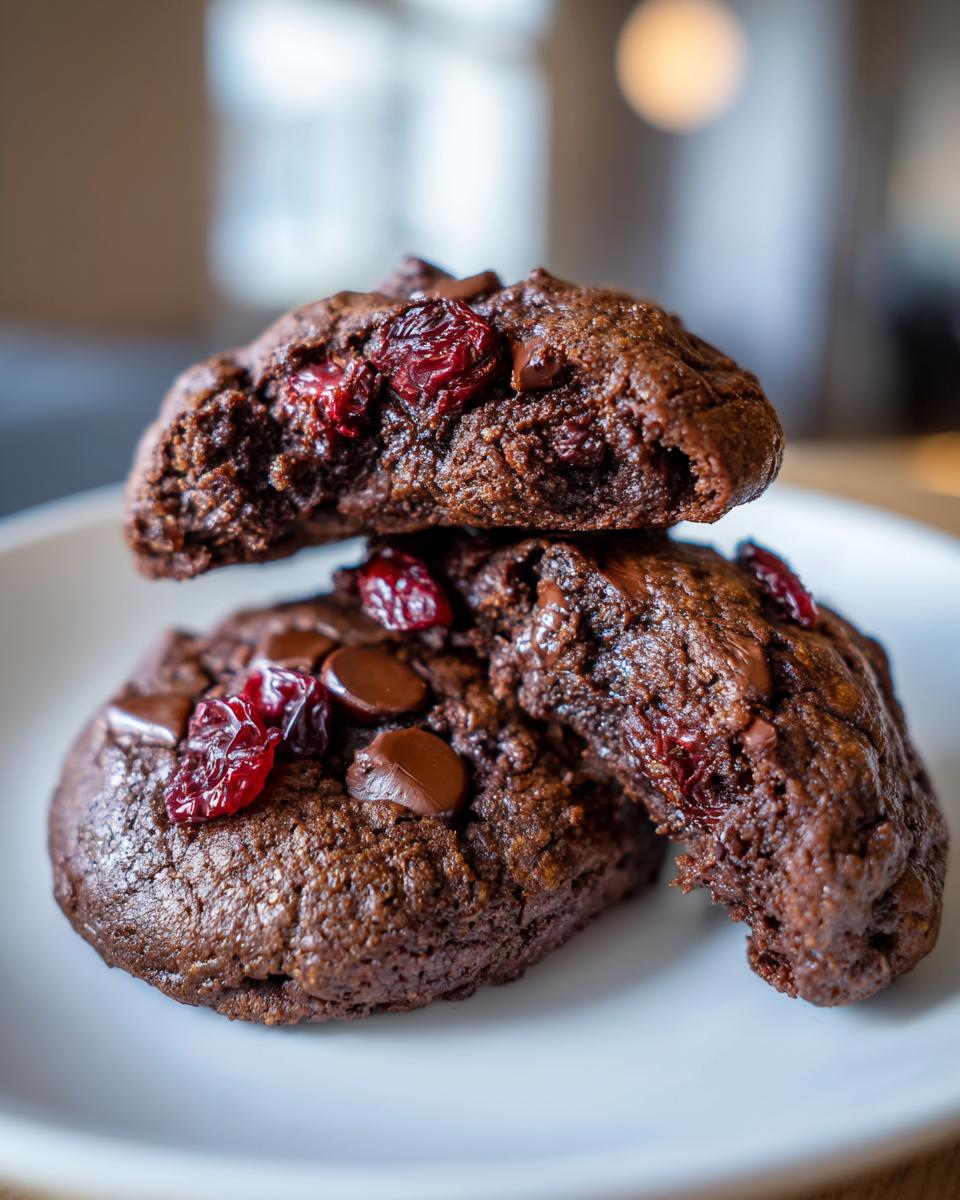 Close-up of two rich, dark chocolate cherry cookies stacked, showing dried cherries and chocolate chips.