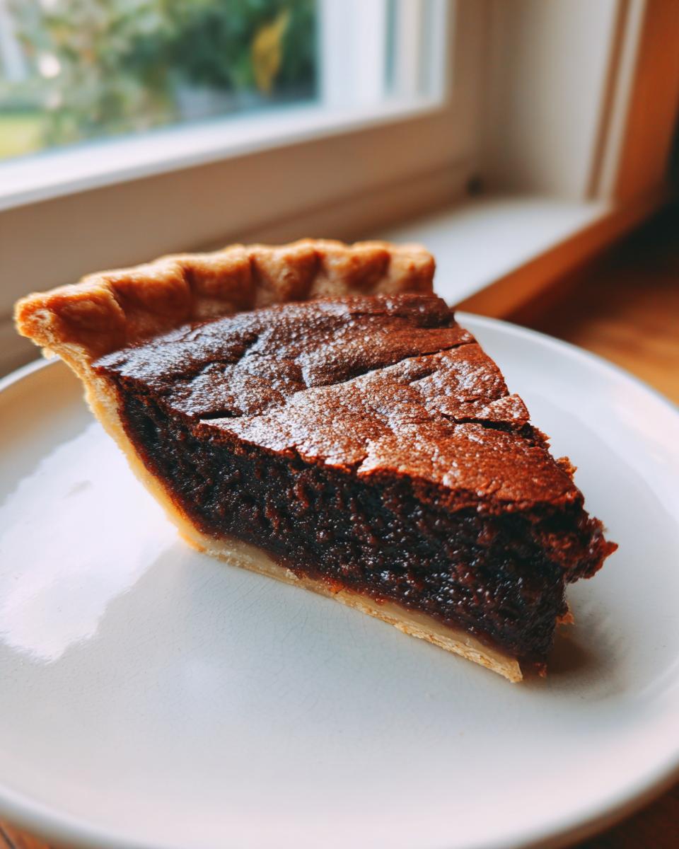 A close-up of a rich slice of chocolate chess pie dusted with powdered sugar on a white plate.