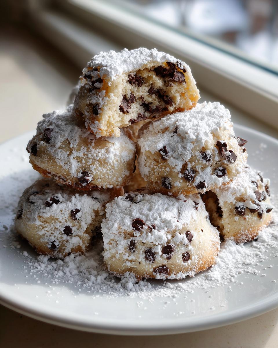 A stack of freshly baked cannoli cookies loaded with mini chocolate chips and heavily dusted with powdered sugar.