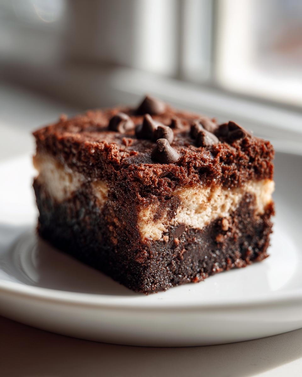A rich square of chocolate chip cheesecake brownie with a dense chocolate base and creamy center, topped with chocolate chips.