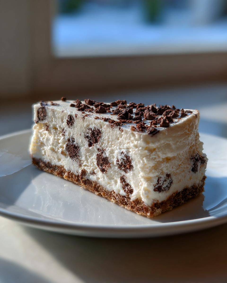 A perfect slice of creamy chocolate chip cheesecake with a graham cracker crust, topped with chocolate crumbs.