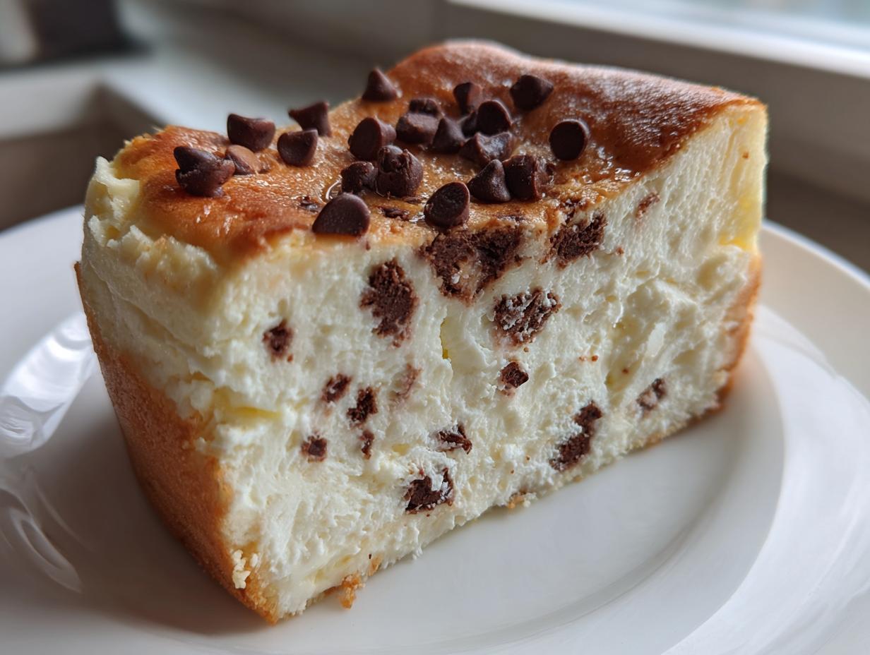 A close-up of a thick slice of creamy chocolate chip cheesecake topped with melted chocolate chips.