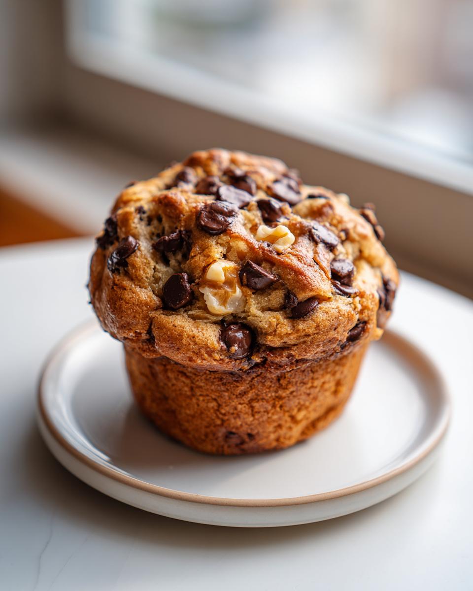 A large, golden brown chocolate chip walnut muffin sitting on a small white plate, resembling levain bakery chocolate chip cookies texture.