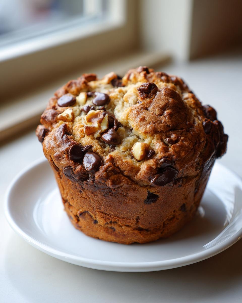 A large, domed chocolate chip walnut muffin sitting on a small white plate, resembling the style of levain bakery chocolate chip cookies.