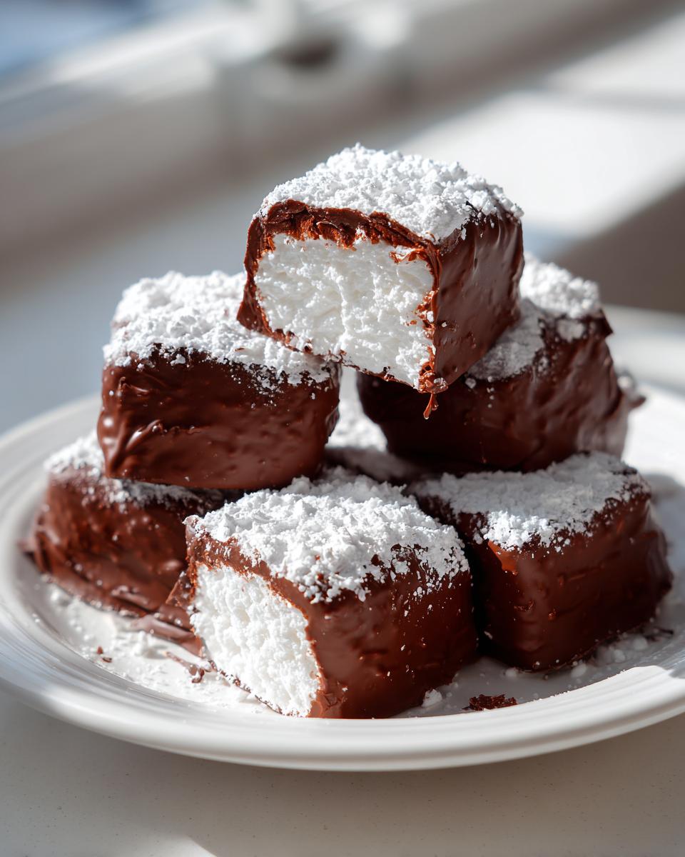 A stack of chocolate-covered cool whip candy squares dusted with powdered sugar, showing the fluffy white interior.