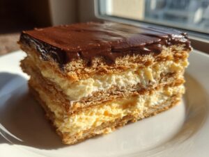 Close-up of a layered slice of chocolate eclair cake showing graham cracker layers, vanilla cream filling, and chocolate frosting.