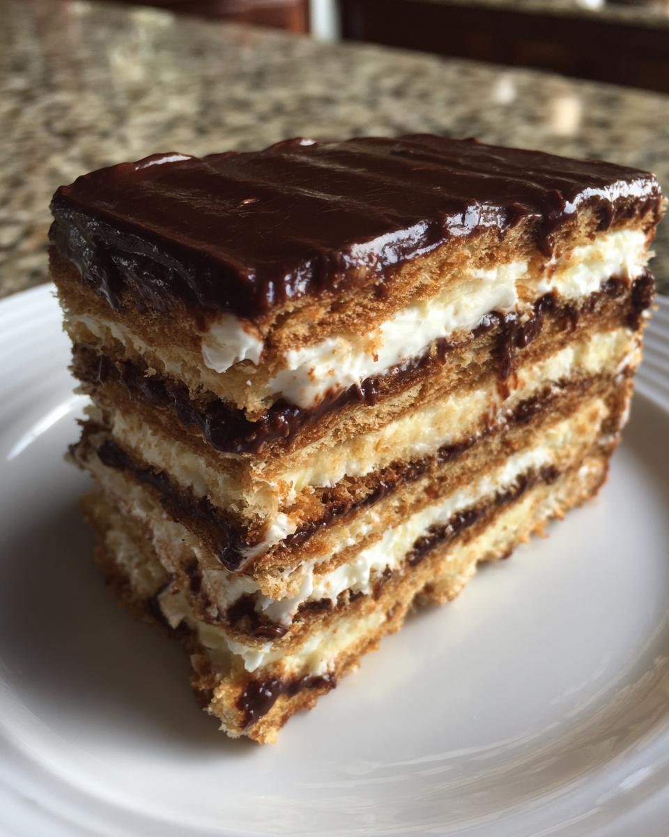 A tall, layered slice of chocolate eclair cake showing graham cracker layers, cream filling, and rich chocolate frosting.