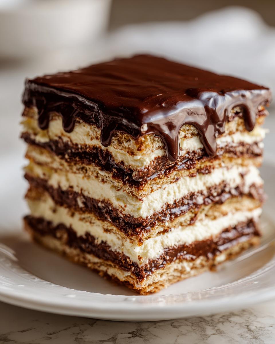 Close-up of a layered slice of chocolate eclair cake showing graham cracker layers, cream filling, and rich chocolate glaze dripping down the sides.