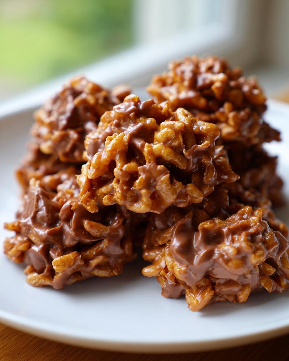A close-up stack of rich, chocolate-coated haystack cookies made with cereal on a white plate.