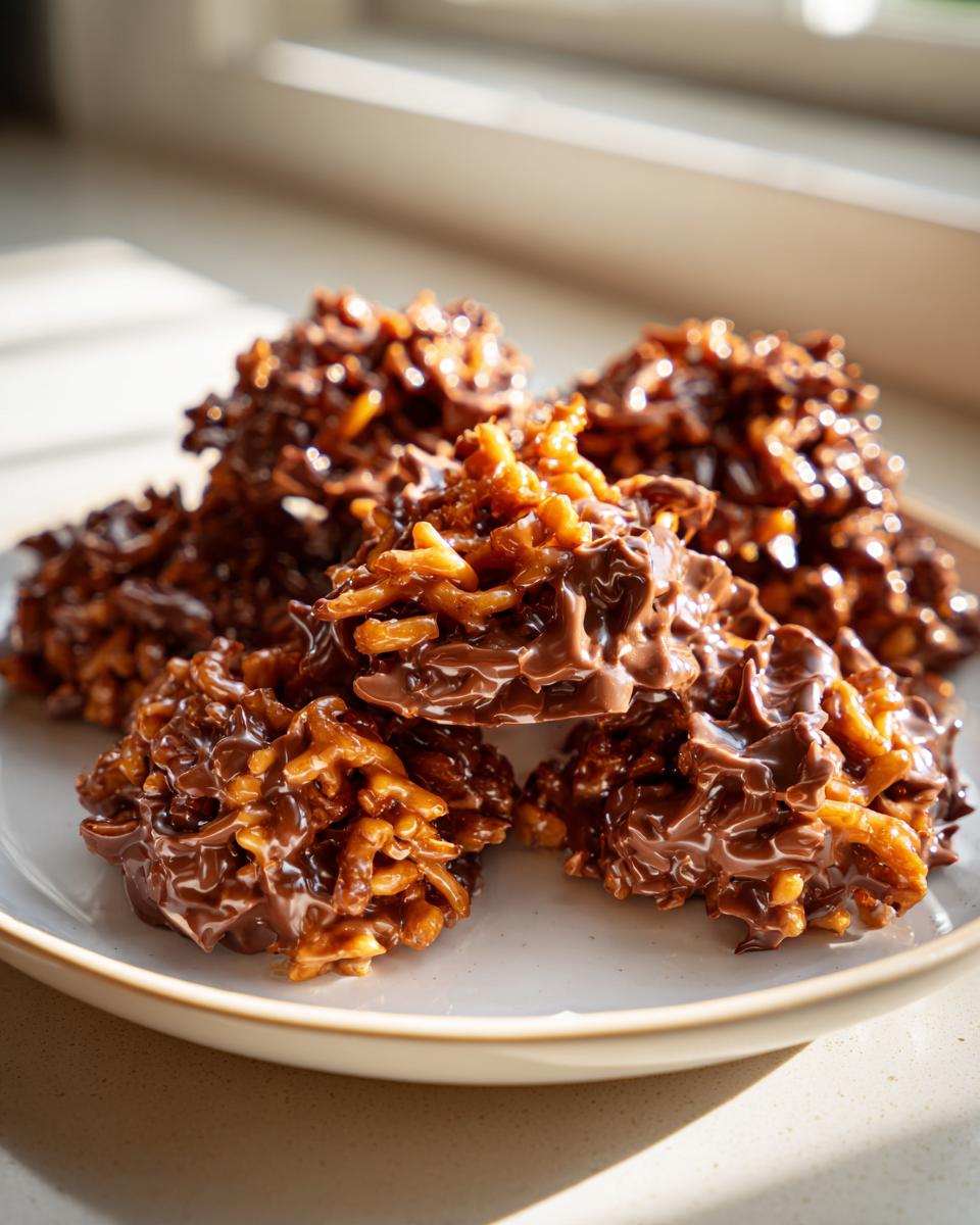 A stack of rich, chocolate-covered haystack cookies made with chow mein noodles, glistening under natural light.