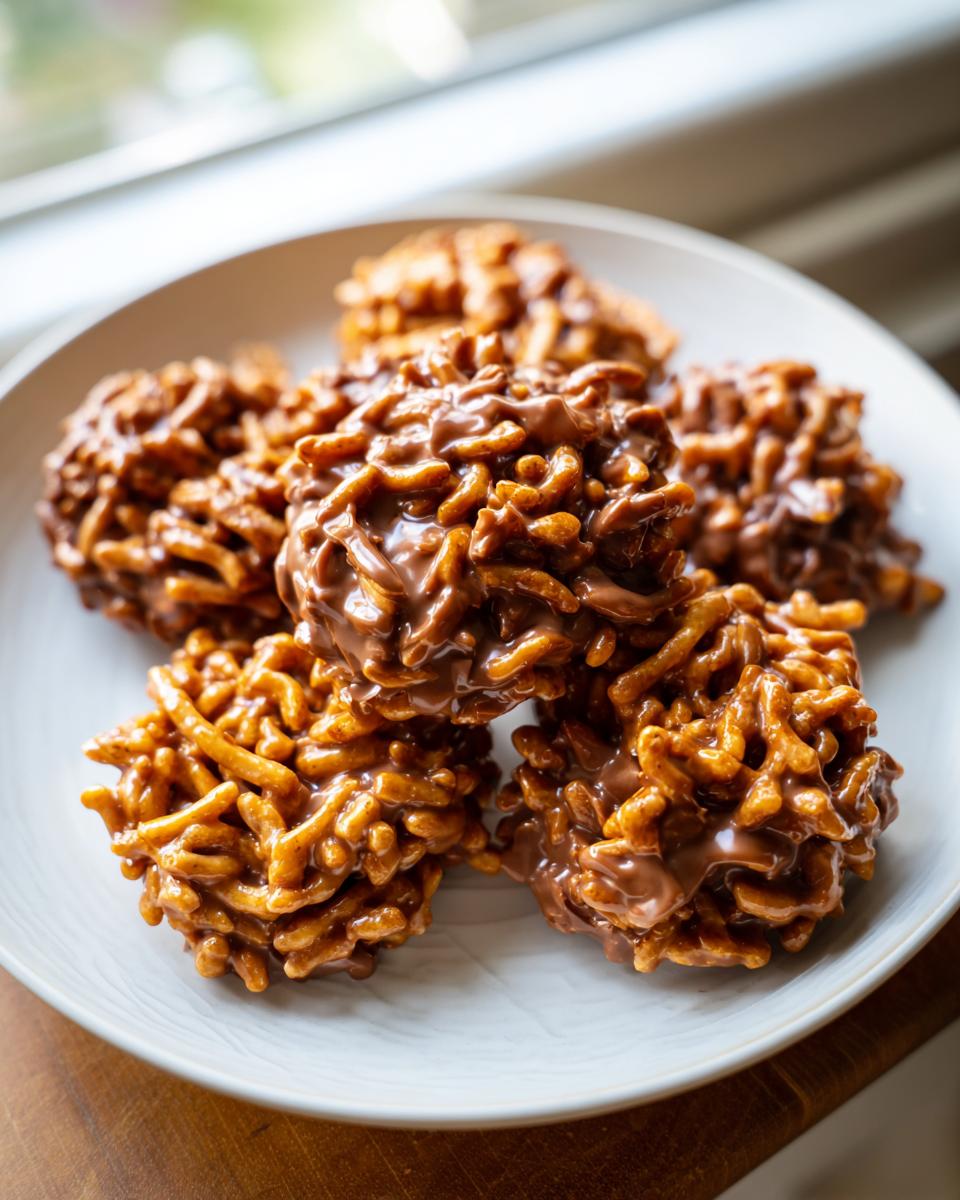 A plate of five rich, chocolate-coated haystack cookies made with chow mein noodles or crispy cereal.