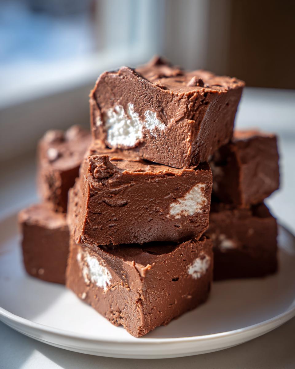 A stack of rich chocolate fudge squares with visible white marshmallow pieces, sitting on a white plate.