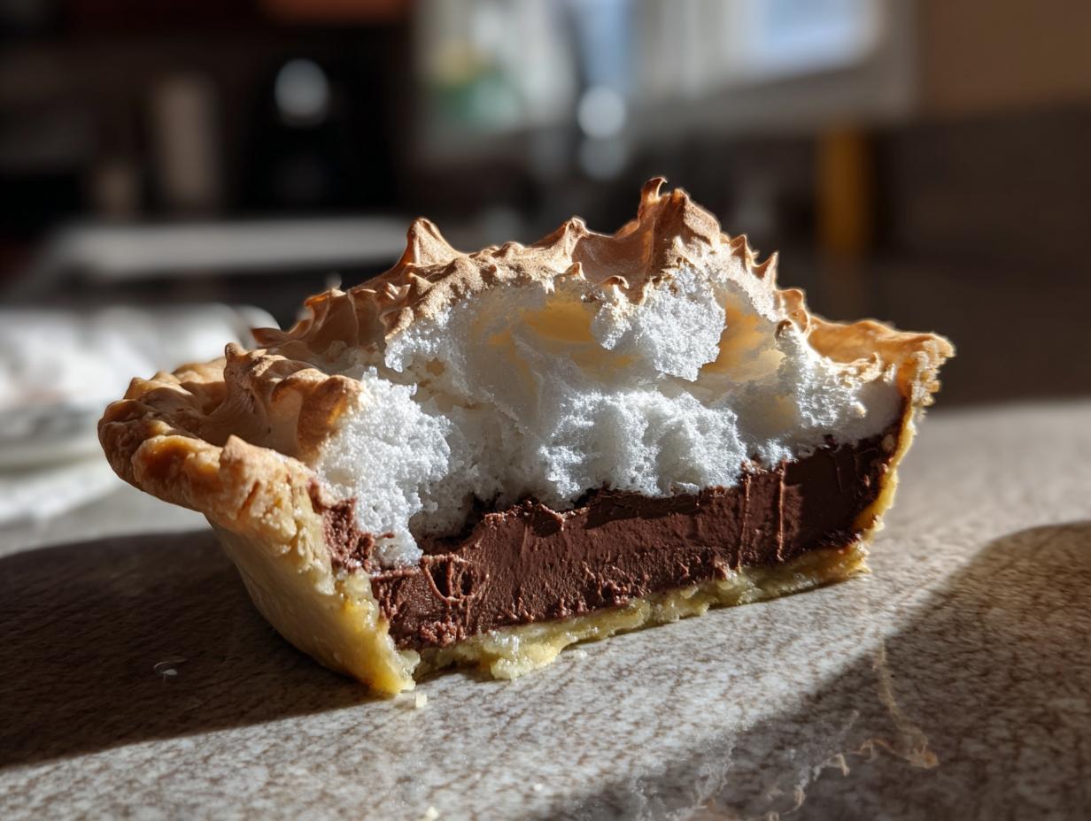 A cross-section view of a small chocolate meringue pie, showing the flaky crust, rich chocolate filling, and toasted meringue topping.