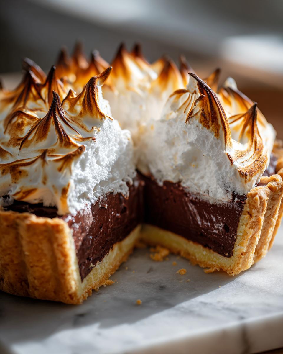 A cross-section view of a rich chocolate meringue pie showing the dark filling, crust, and beautifully torched meringue peaks.
