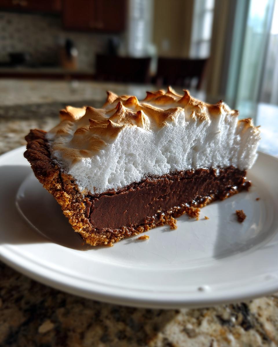 A close-up slice of chocolate meringue pie showing a thick chocolate filling and a tall, toasted meringue topping.