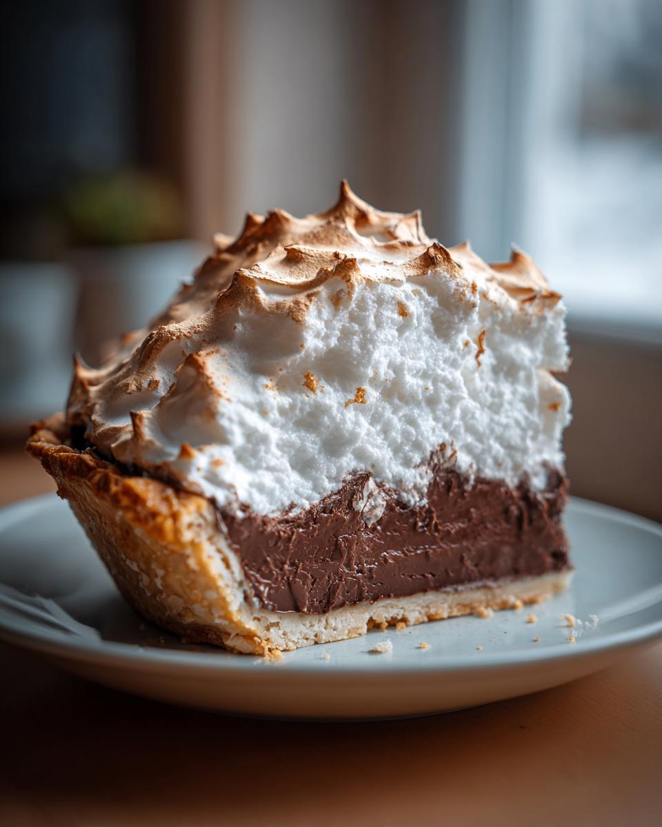 A tall slice of chocolate meringue pie showing a rich chocolate filling and a towering, toasted meringue topping.
