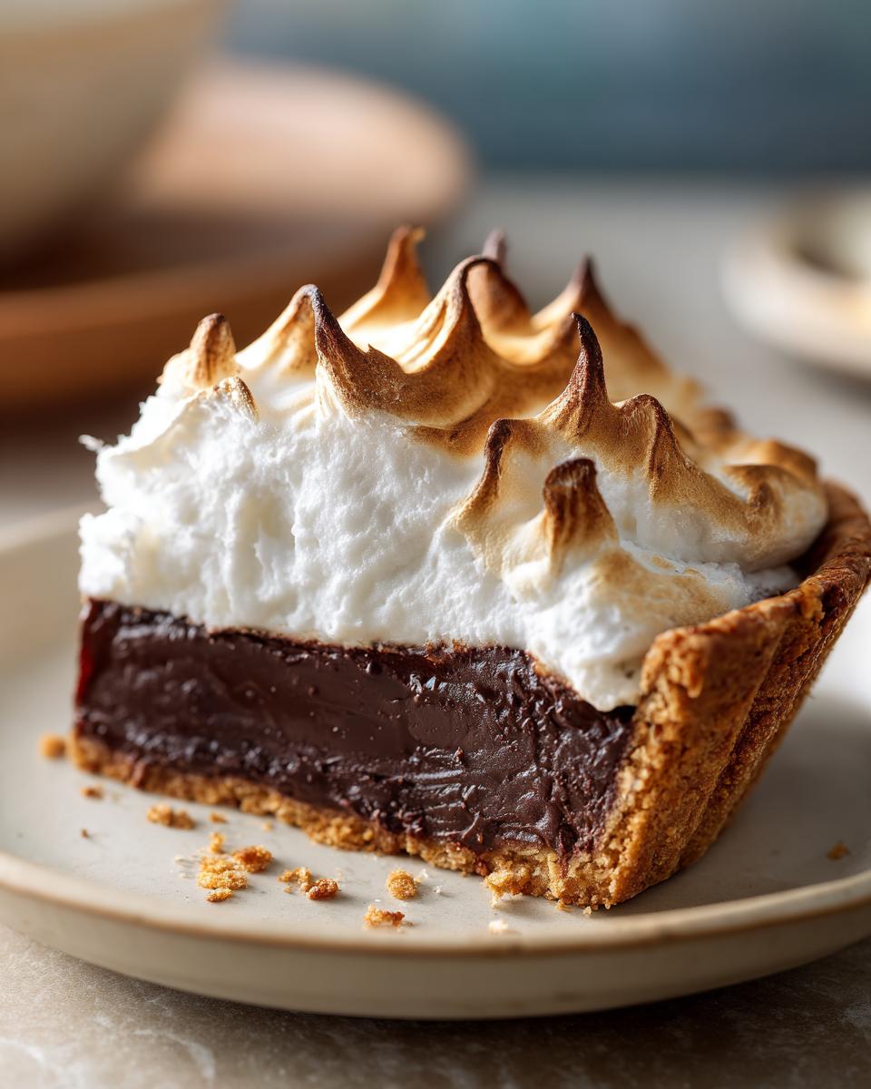 A close-up of a slice of chocolate meringue pie showing a thick chocolate filling and tall, torched meringue peaks.