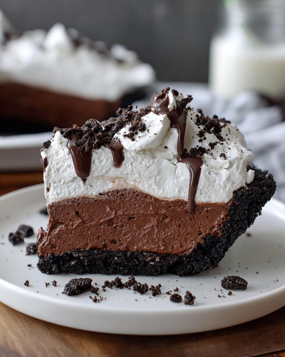 A decadent slice of chocolate mousse pie featuring a dark crust, thick chocolate filling, and whipped cream topped with chocolate drizzle.